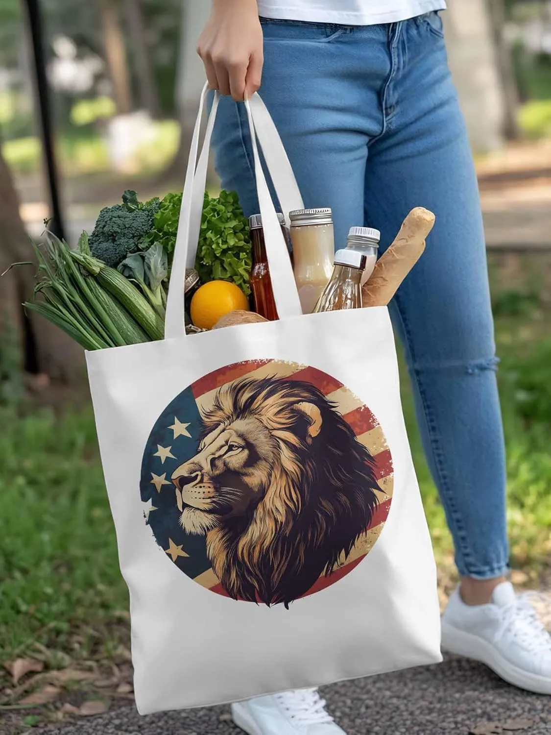 Lion American Flag Canvas Tote Bag, Aesthetic Canvas Tote Handbags for Women Shoulder Bag