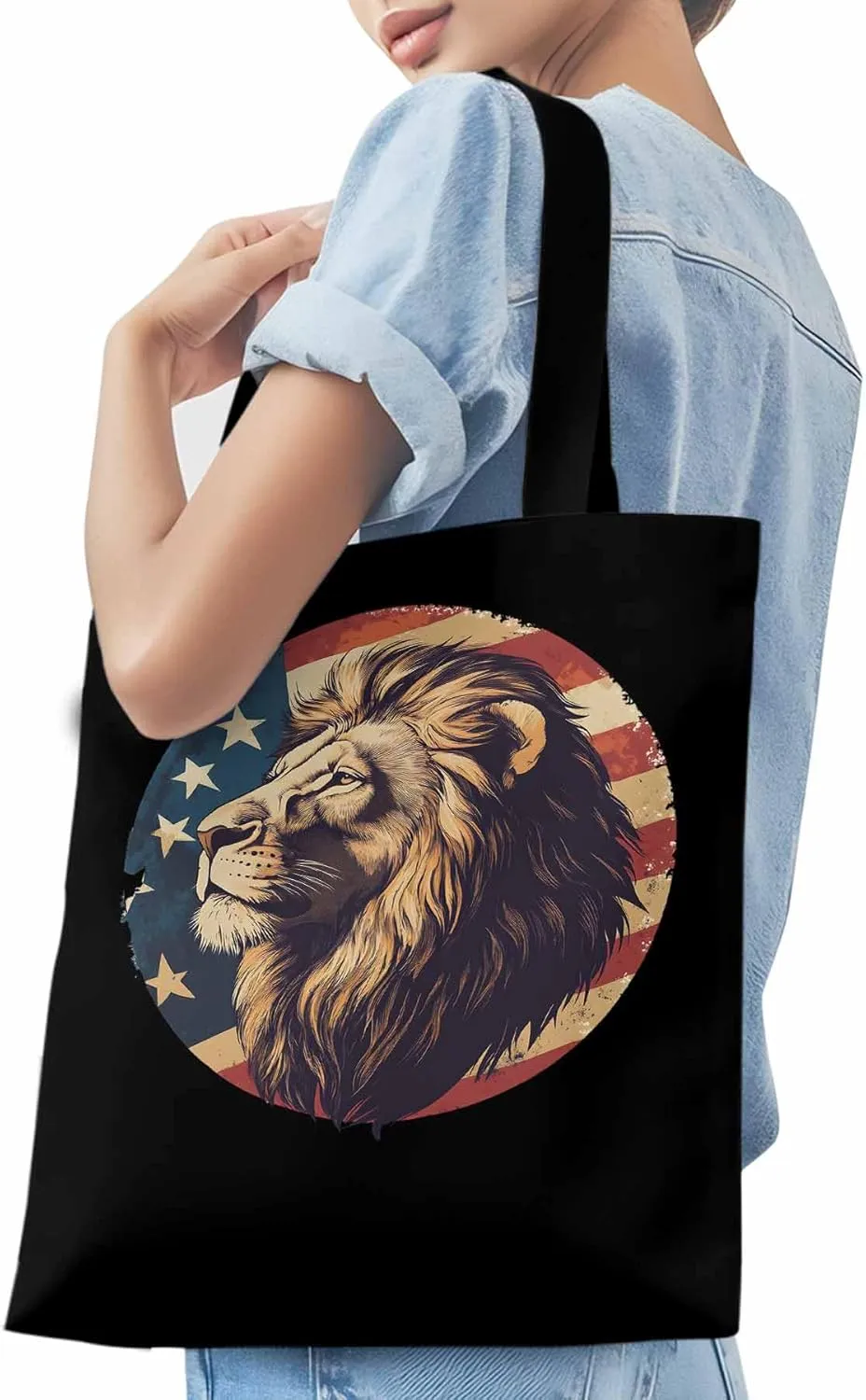 Lion American Flag Canvas Tote Bag, Aesthetic Canvas Tote Handbags for Women Shoulder Bag