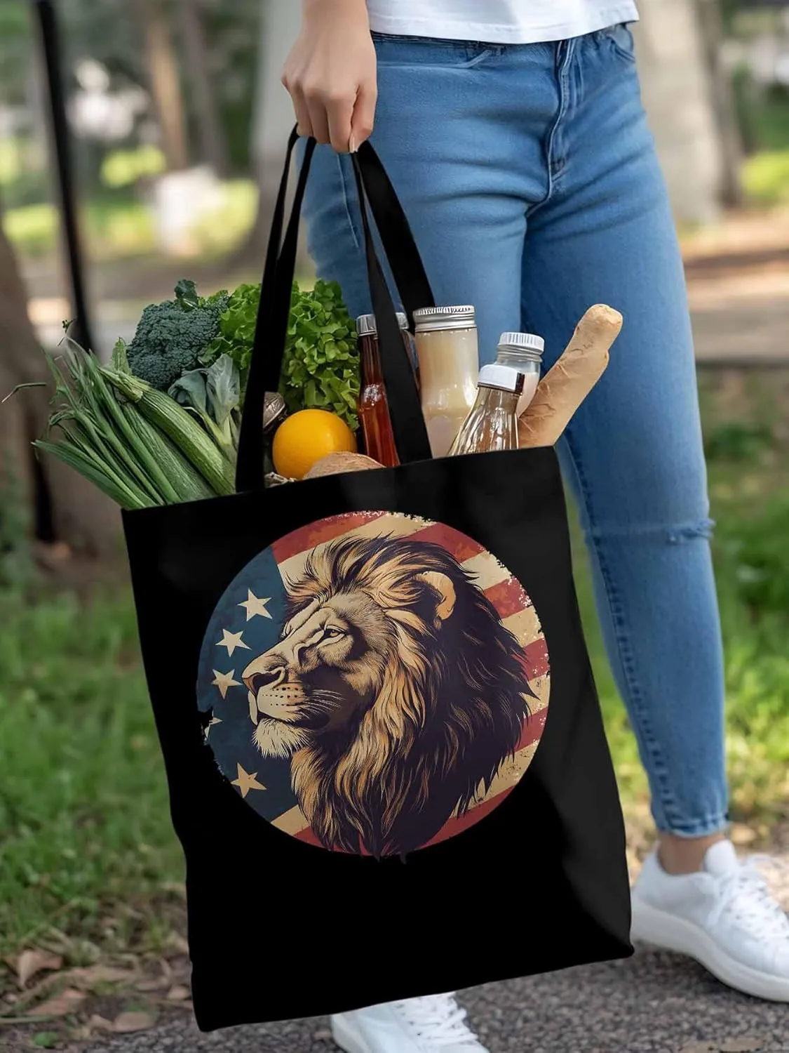Lion American Flag Canvas Tote Bag, Aesthetic Canvas Tote Handbags for Women Shoulder Bag
