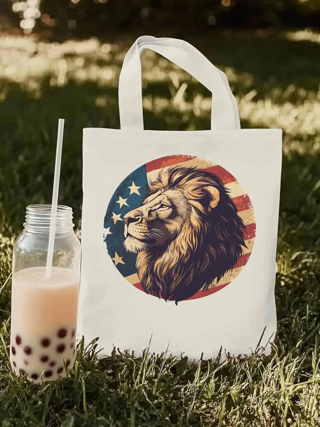 Lion American Flag Canvas Tote Bag, Aesthetic Canvas Tote Handbags for Women Shoulder Bag