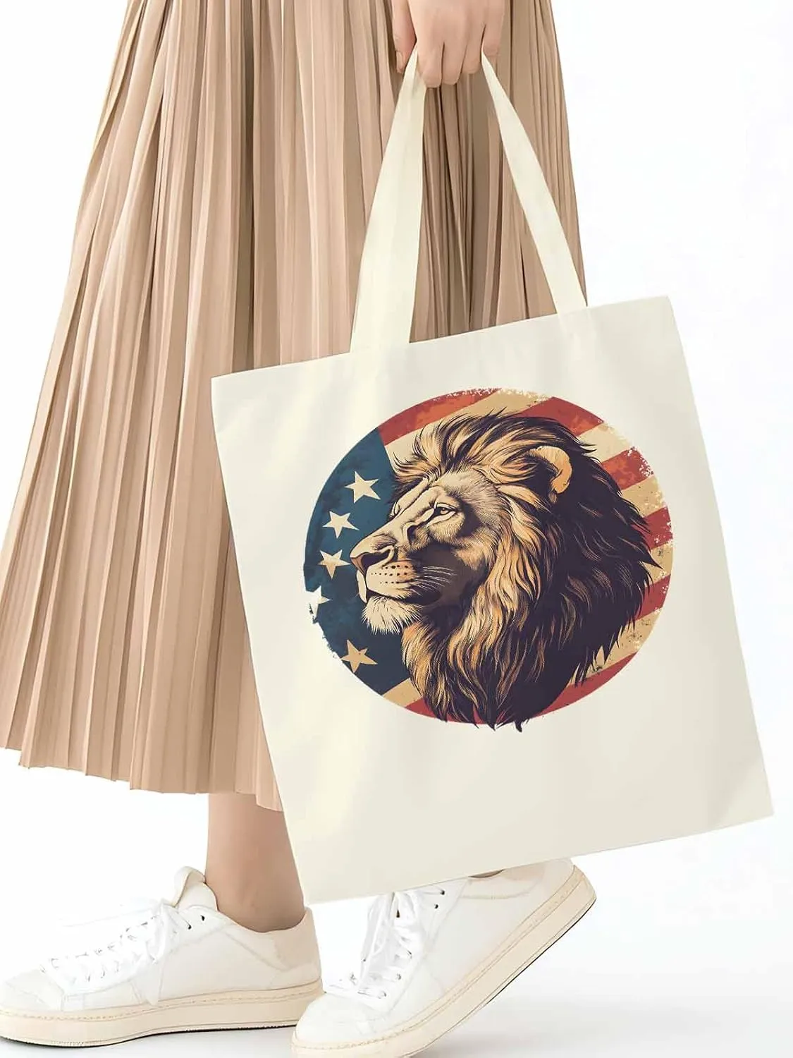 Lion American Flag Canvas Tote Bag, Aesthetic Canvas Tote Handbags for Women Shoulder Bag