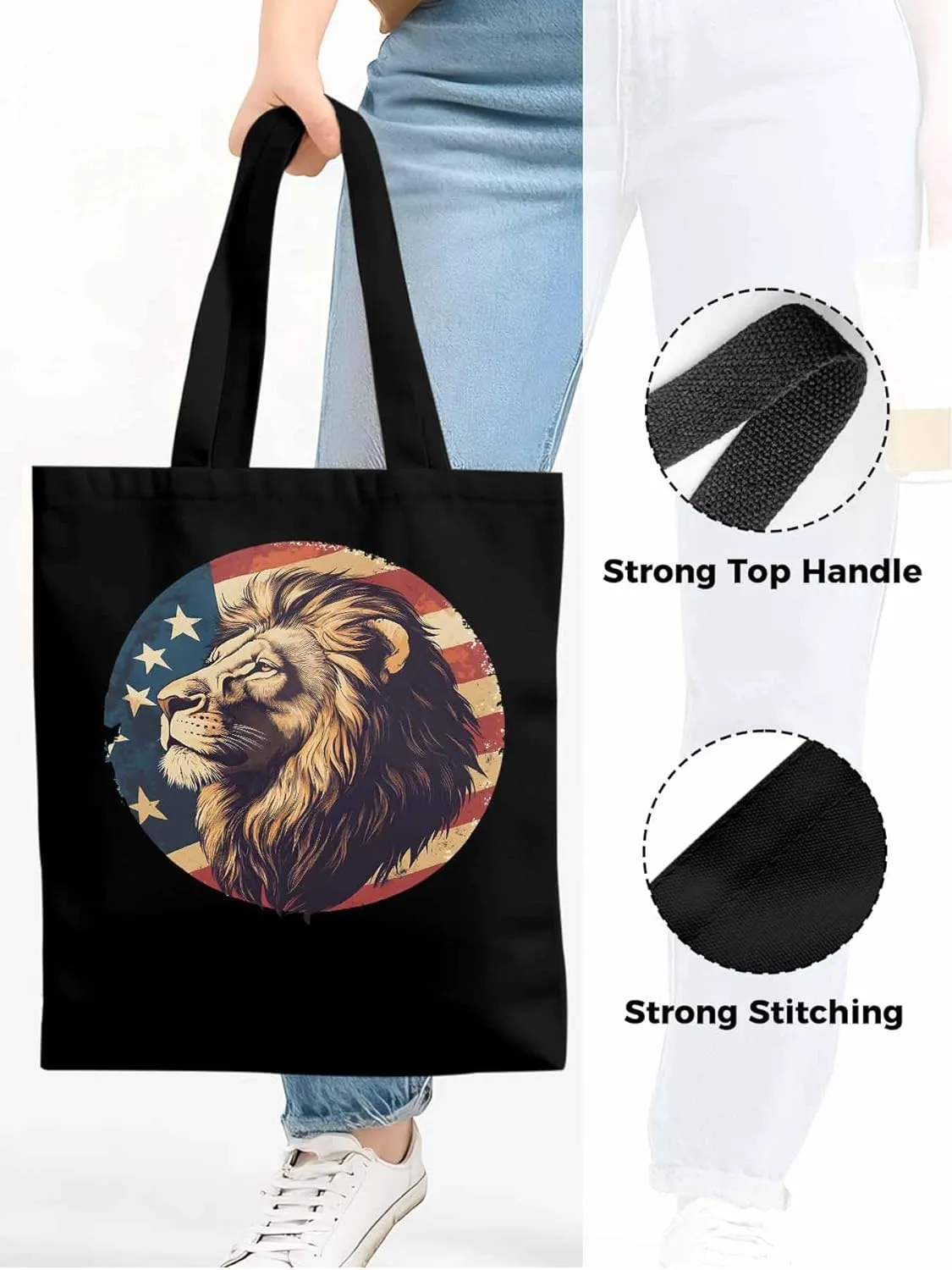 Lion American Flag Canvas Tote Bag, Aesthetic Canvas Tote Handbags for Women Shoulder Bag