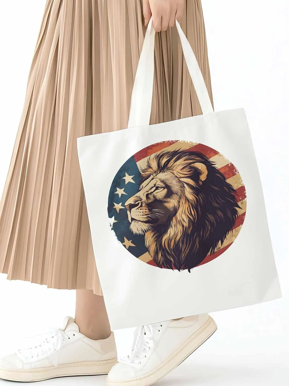 Lion American Flag Canvas Tote Bag, Aesthetic Canvas Tote Handbags for Women Shoulder Bag
