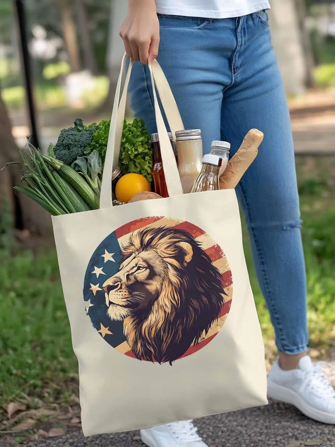 Lion American Flag Canvas Tote Bag, Aesthetic Canvas Tote Handbags for Women Shoulder Bag