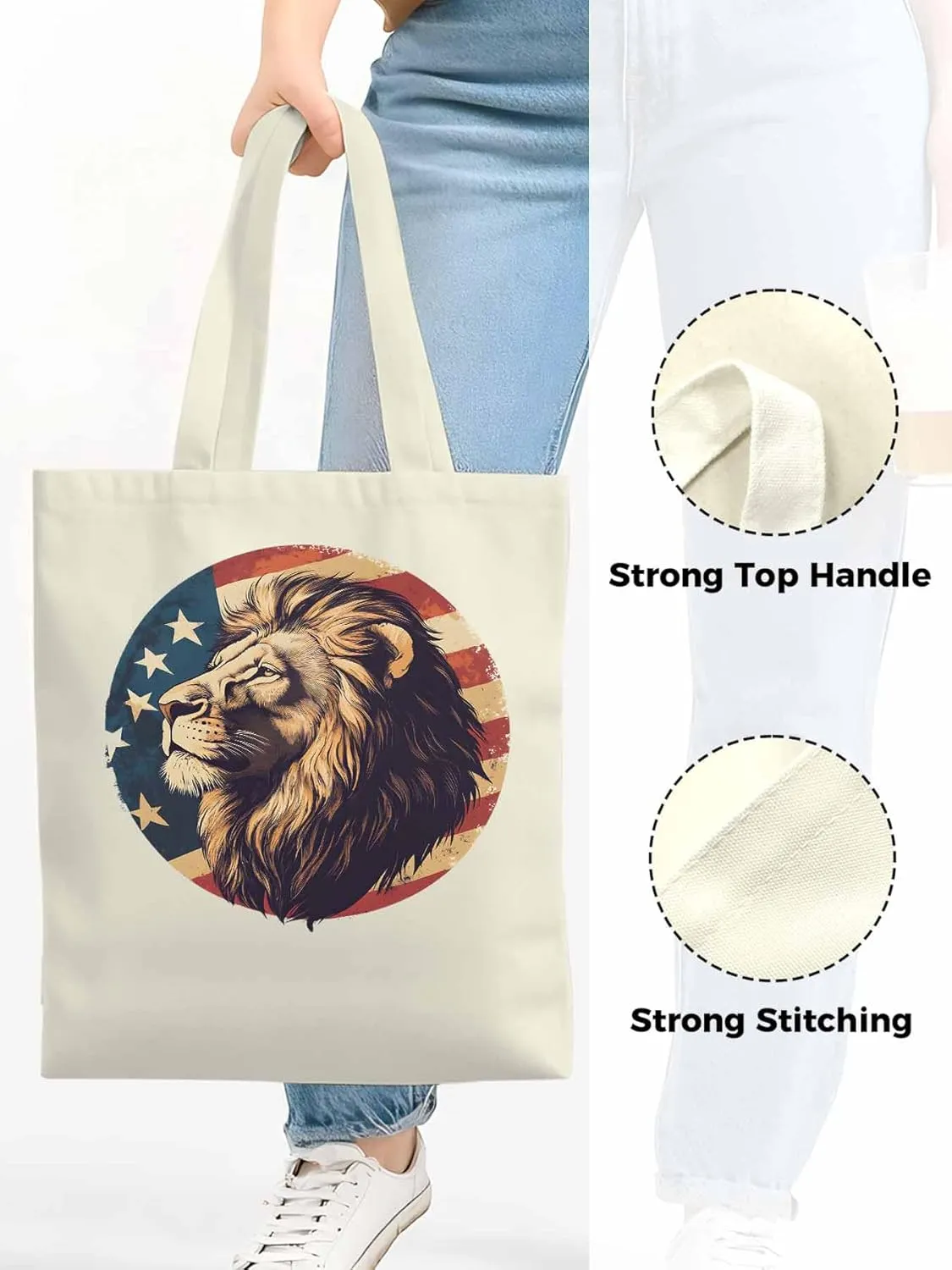 Lion American Flag Canvas Tote Bag, Aesthetic Canvas Tote Handbags for Women Shoulder Bag