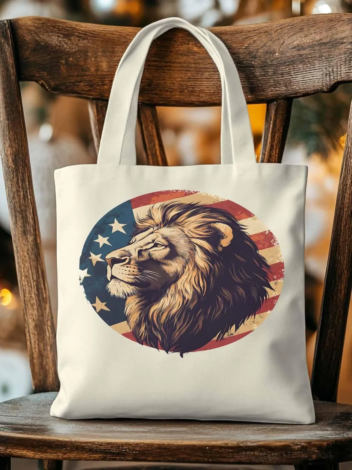 Lion American Flag Canvas Tote Bag, Aesthetic Canvas Tote Handbags for Women Shoulder Bag