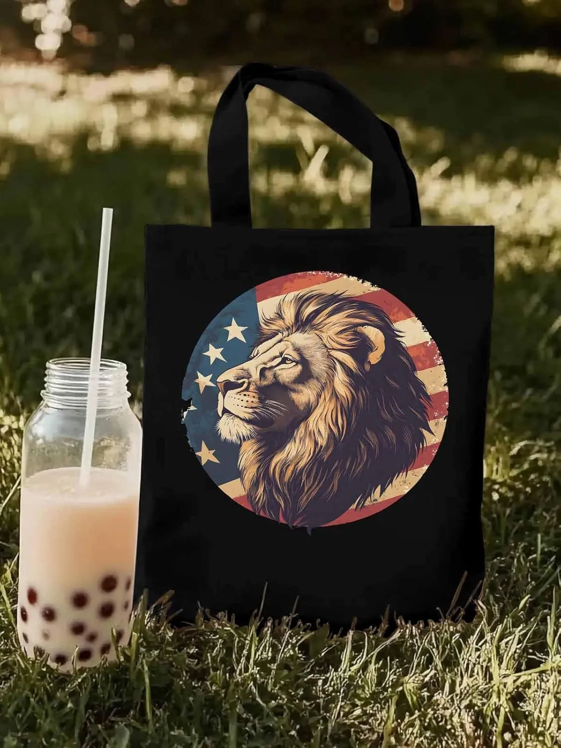 Lion American Flag Canvas Tote Bag, Aesthetic Canvas Tote Handbags for Women Shoulder Bag