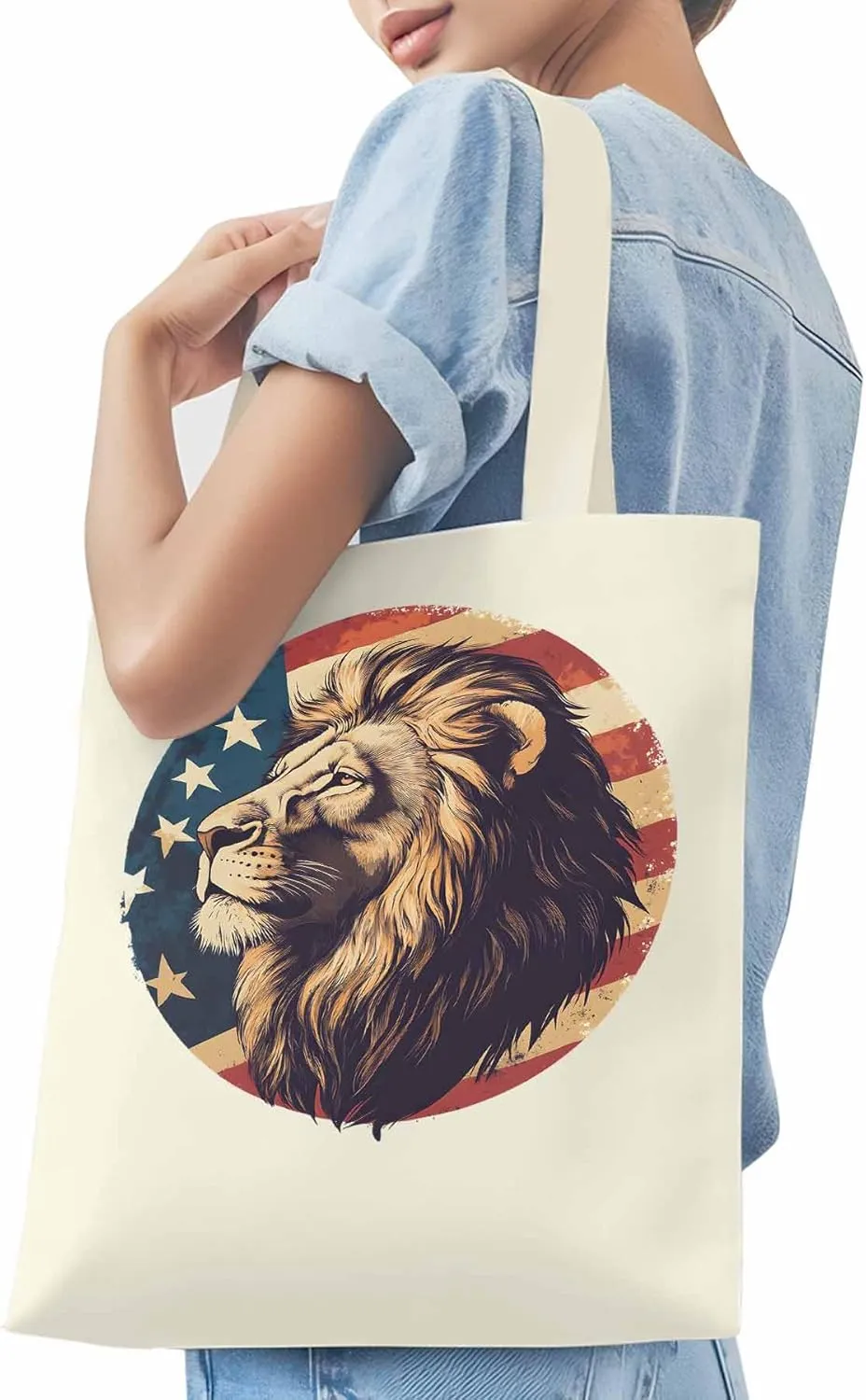 Lion American Flag Canvas Tote Bag, Aesthetic Canvas Tote Handbags for Women Shoulder Bag