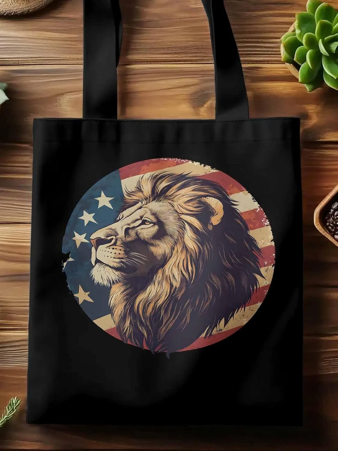 Lion American Flag Canvas Tote Bag, Aesthetic Canvas Tote Handbags for Women Shoulder Bag