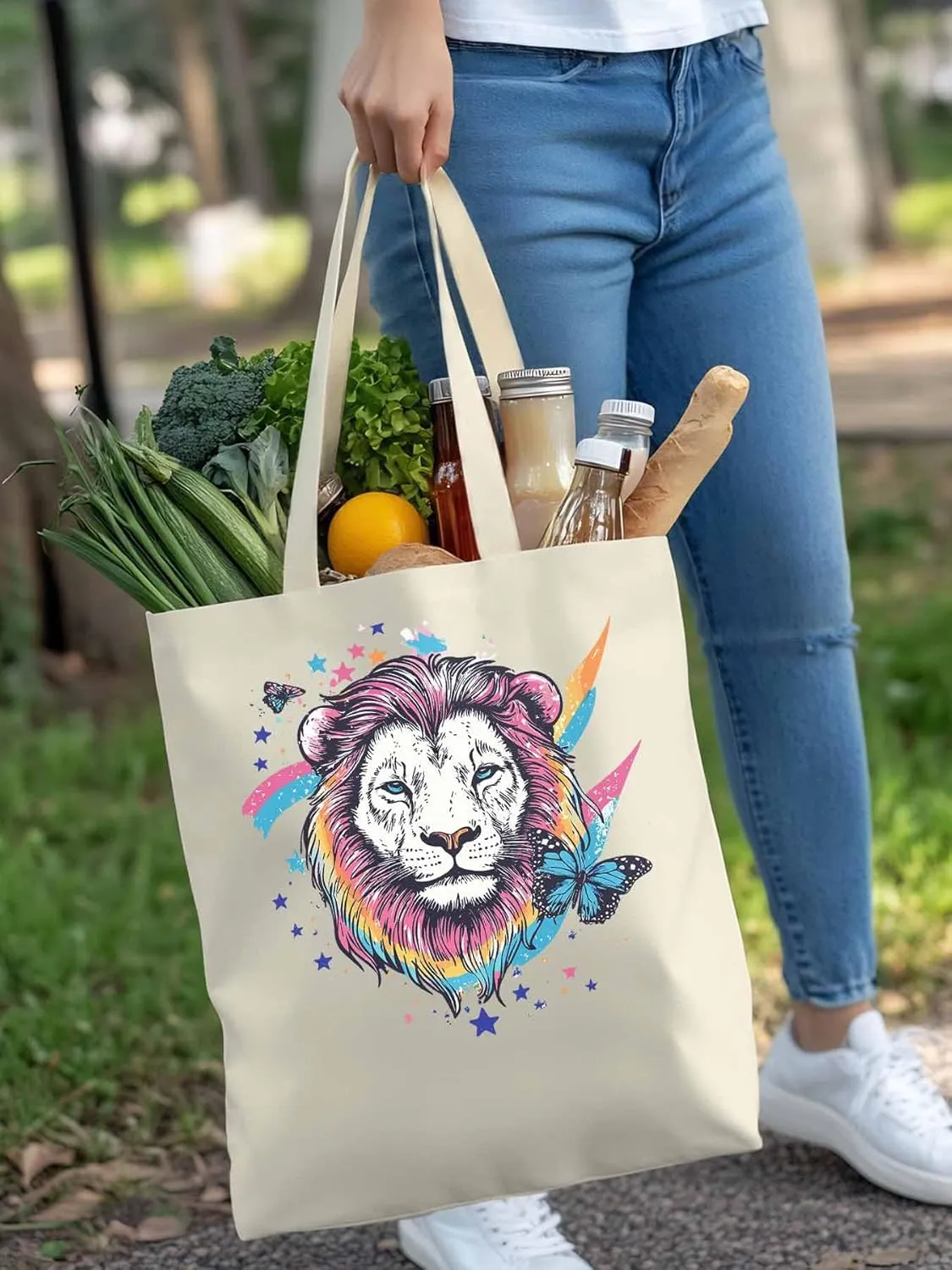 Lion Rainbow Butterfly Animals Canvas Tote Bag, Aesthetic Canvas Tote Handbags for Women Shoulder Bag