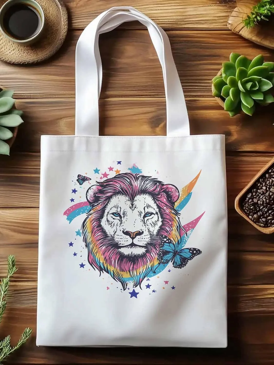 Lion Rainbow Butterfly Animals Canvas Tote Bag, Aesthetic Canvas Tote Handbags for Women Shoulder Bag