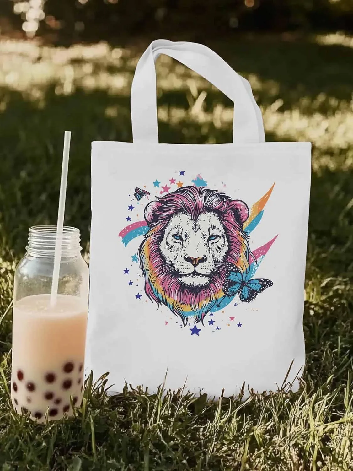 Lion Rainbow Butterfly Animals Canvas Tote Bag, Aesthetic Canvas Tote Handbags for Women Shoulder Bag