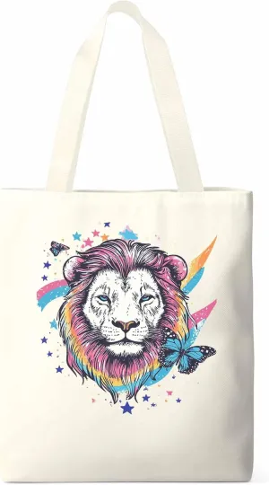 Lion Rainbow Butterfly Animals Canvas Tote Bag, Aesthetic Canvas Tote Handbags for Women Shoulder Bag