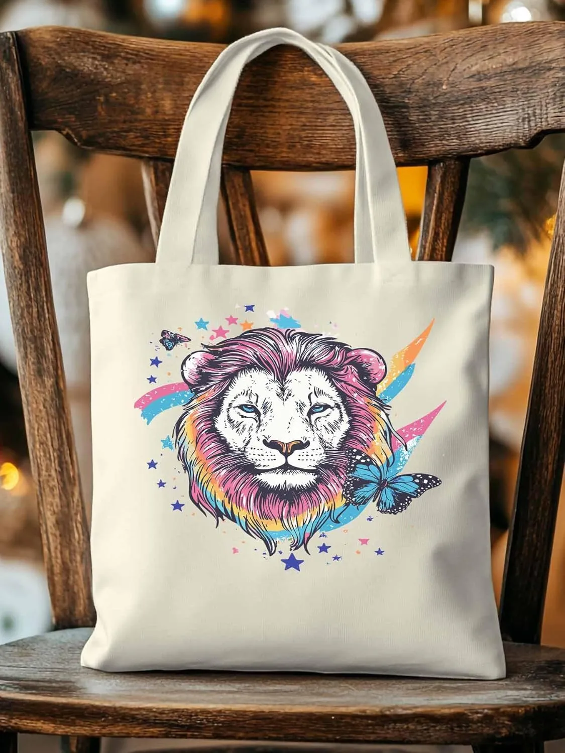 Lion Rainbow Butterfly Animals Canvas Tote Bag, Aesthetic Canvas Tote Handbags for Women Shoulder Bag
