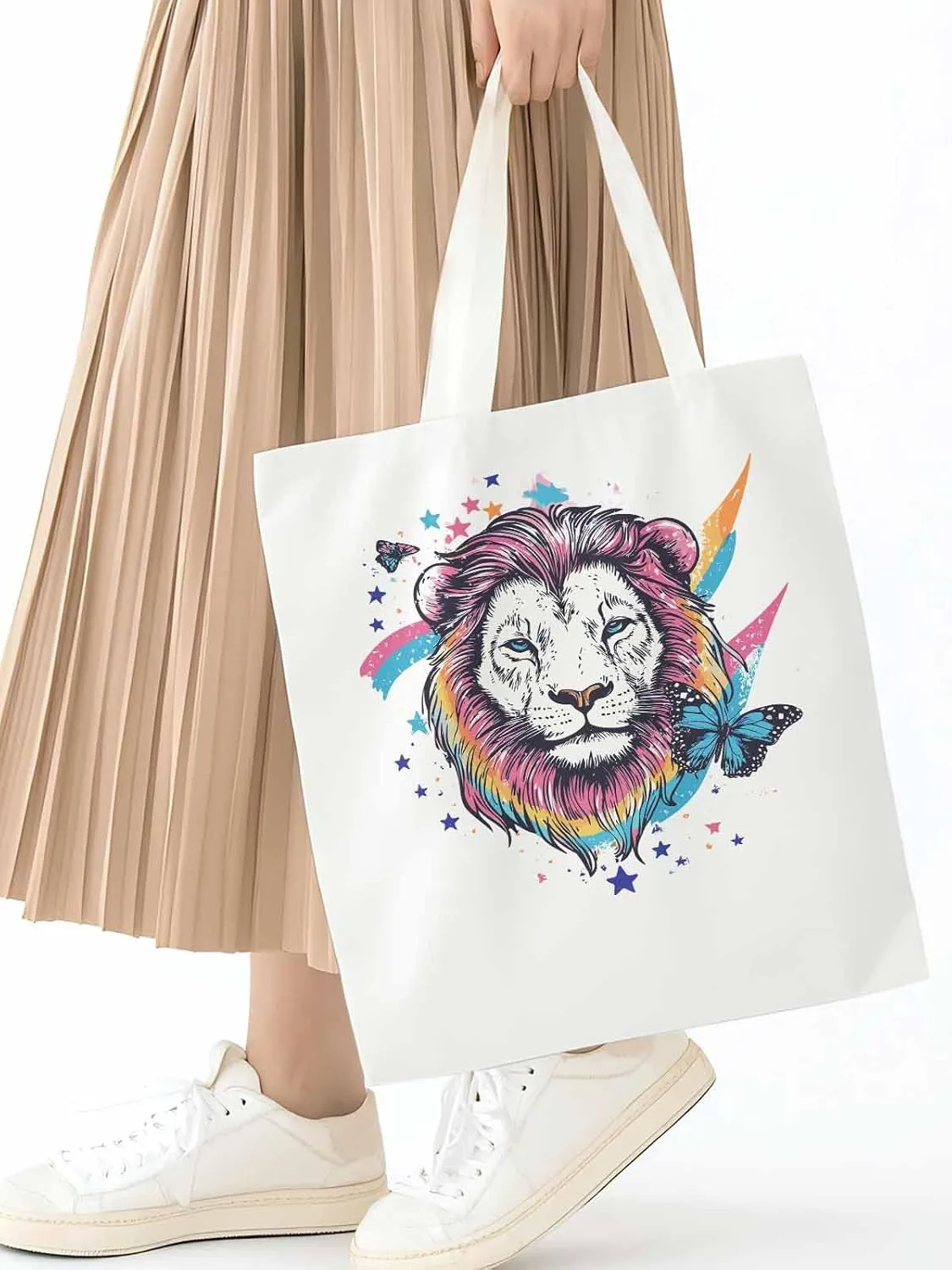 Lion Rainbow Butterfly Animals Canvas Tote Bag, Aesthetic Canvas Tote Handbags for Women Shoulder Bag