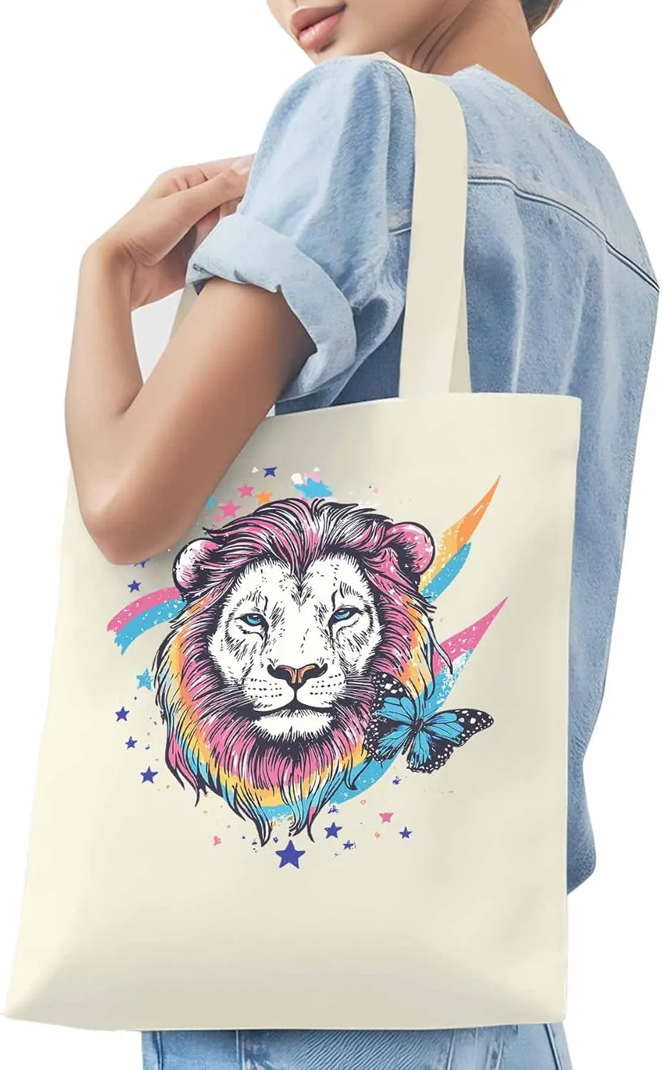 Lion Rainbow Butterfly Animals Canvas Tote Bag, Aesthetic Canvas Tote Handbags for Women Shoulder Bag