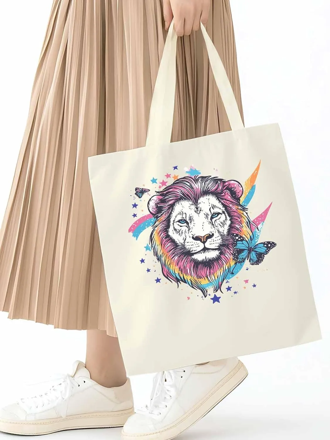 Lion Rainbow Butterfly Animals Canvas Tote Bag, Aesthetic Canvas Tote Handbags for Women Shoulder Bag
