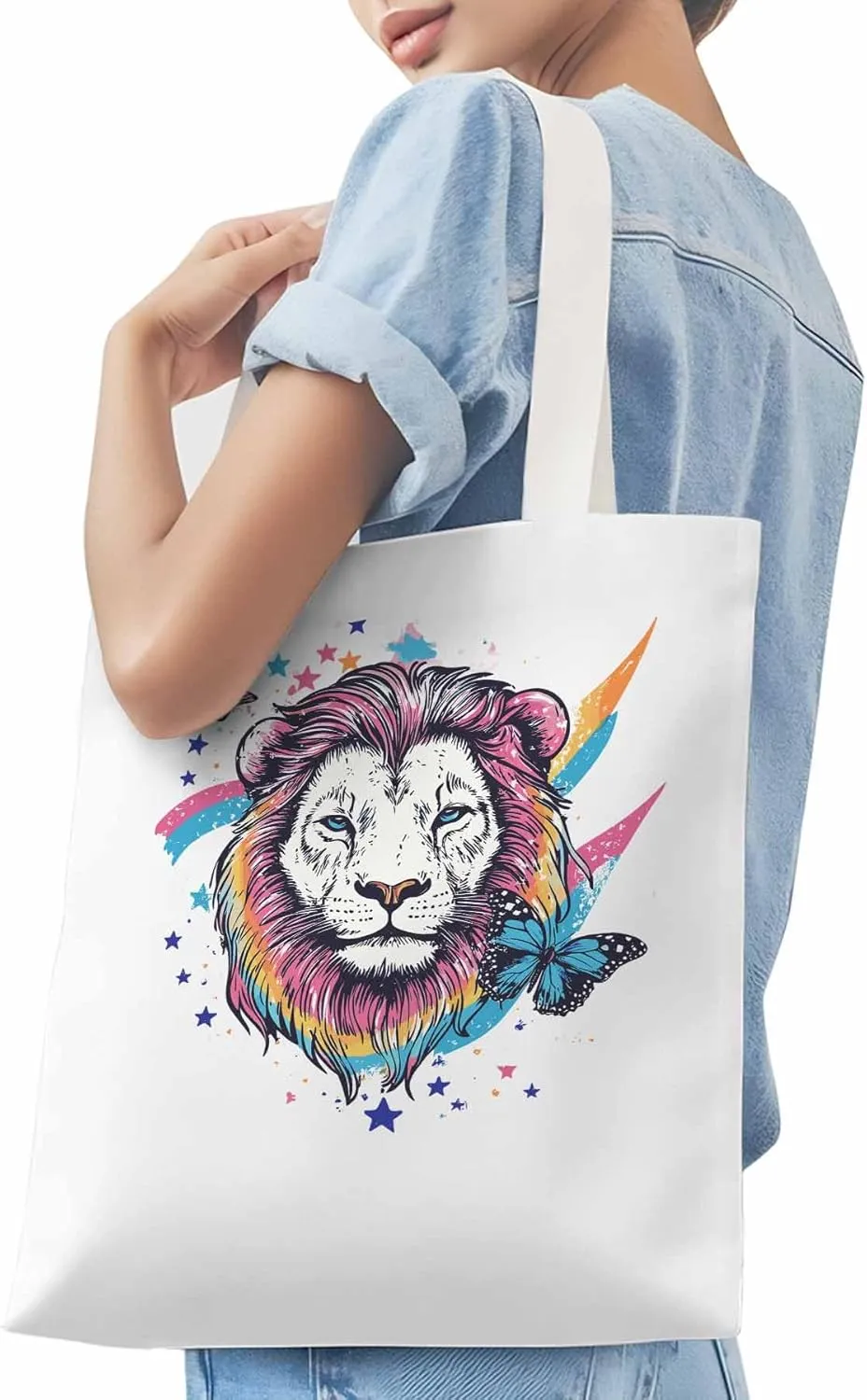 Lion Rainbow Butterfly Animals Canvas Tote Bag, Aesthetic Canvas Tote Handbags for Women Shoulder Bag