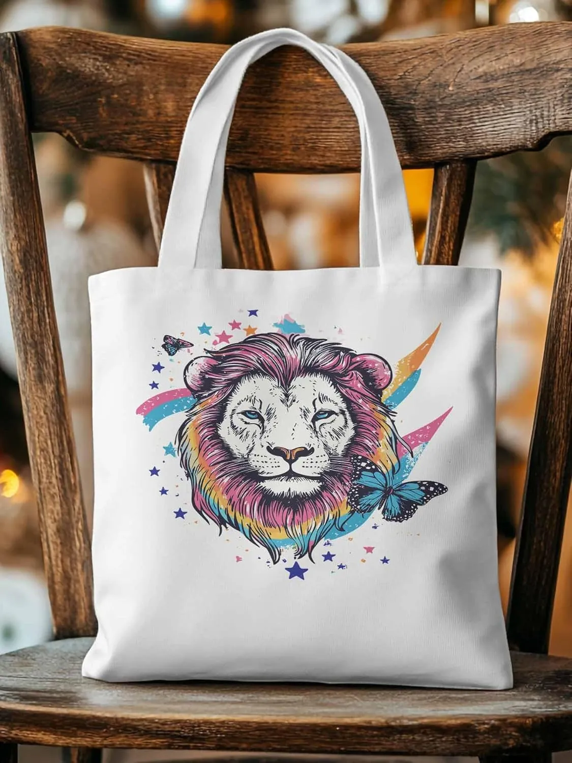 Lion Rainbow Butterfly Animals Canvas Tote Bag, Aesthetic Canvas Tote Handbags for Women Shoulder Bag
