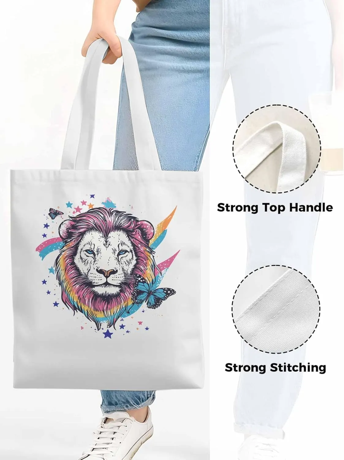 Lion Rainbow Butterfly Animals Canvas Tote Bag, Aesthetic Canvas Tote Handbags for Women Shoulder Bag