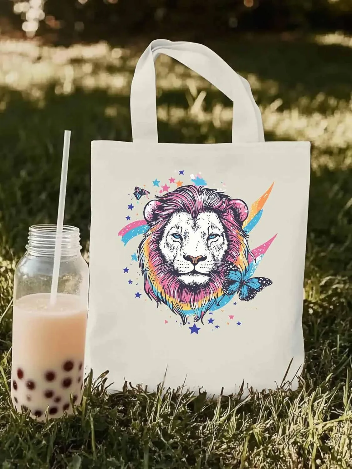 Lion Rainbow Butterfly Animals Canvas Tote Bag, Aesthetic Canvas Tote Handbags for Women Shoulder Bag