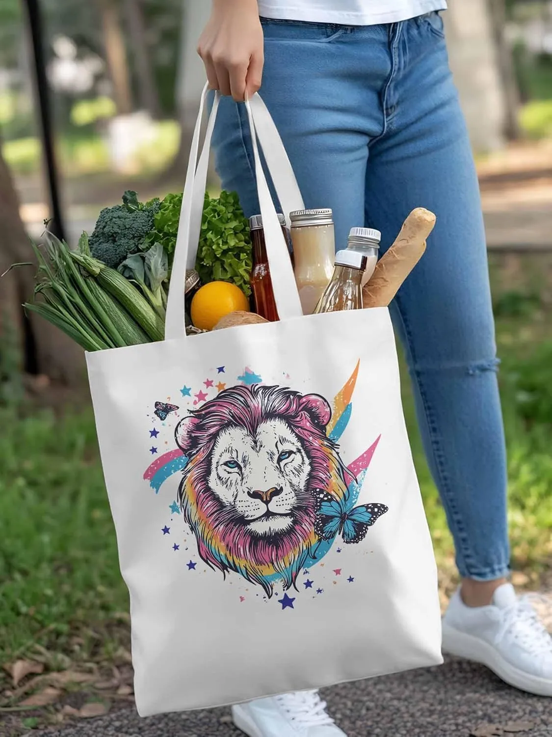 Lion Rainbow Butterfly Animals Canvas Tote Bag, Aesthetic Canvas Tote Handbags for Women Shoulder Bag