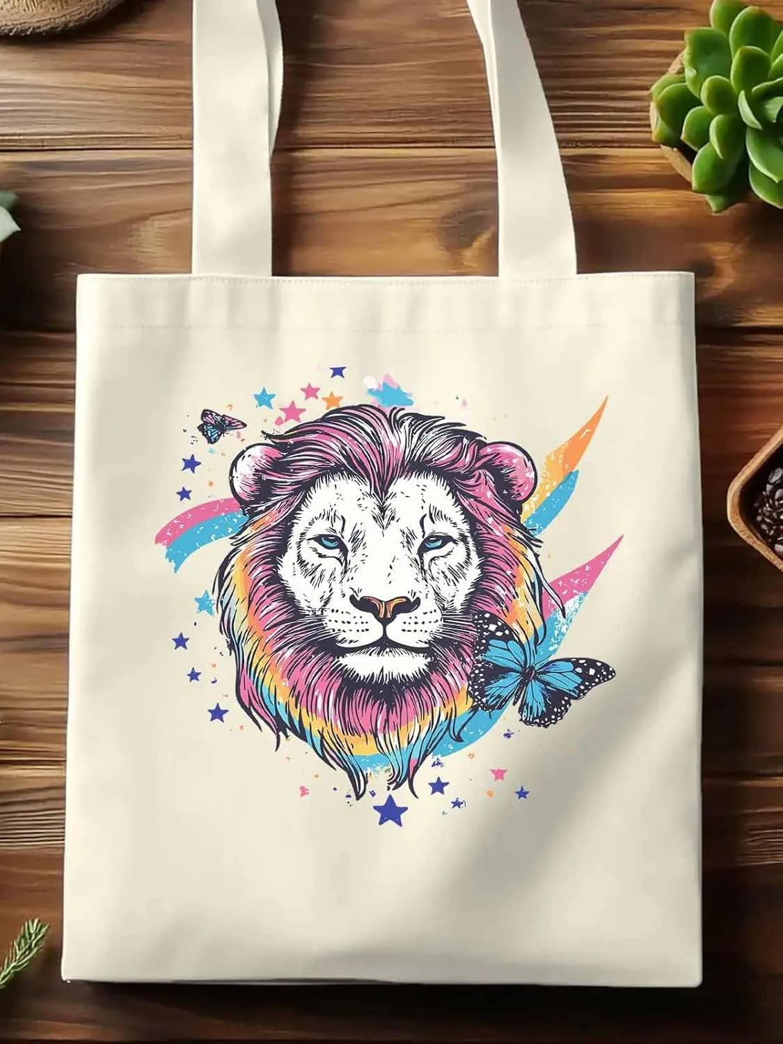 Lion Rainbow Butterfly Animals Canvas Tote Bag, Aesthetic Canvas Tote Handbags for Women Shoulder Bag