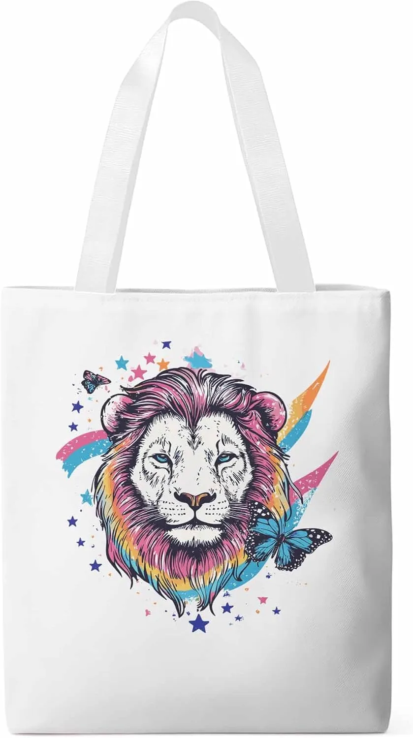 Lion Rainbow Butterfly Animals Canvas Tote Bag, Aesthetic Canvas Tote Handbags for Women Shoulder Bag