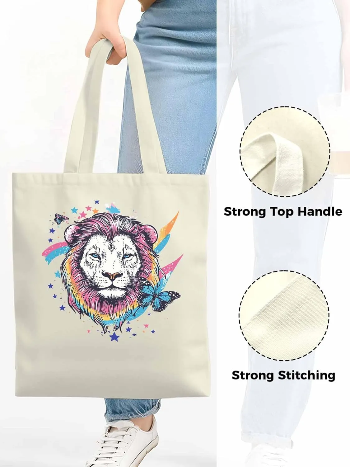 Lion Rainbow Butterfly Animals Canvas Tote Bag, Aesthetic Canvas Tote Handbags for Women Shoulder Bag