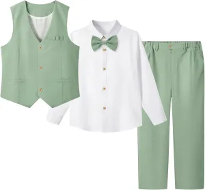 LOLANTA Boys Linen Suit Dress Clothes Kids Graduation Wedding Outfit 4 Piece Shirt Vest Pants Set with Bow Tie