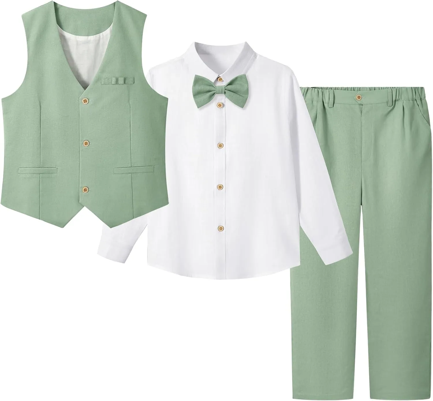 LOLANTA Boys Linen Suit Dress Clothes Kids Graduation Wedding Outfit 4 Piece Shirt Vest Pants Set with Bow Tie