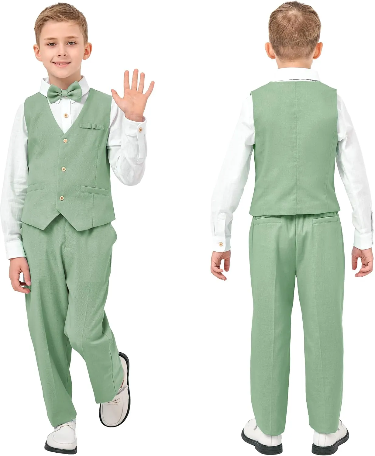 LOLANTA Boys Linen Suit Dress Clothes Kids Graduation Wedding Outfit 4 Piece Shirt Vest Pants Set with Bow Tie
