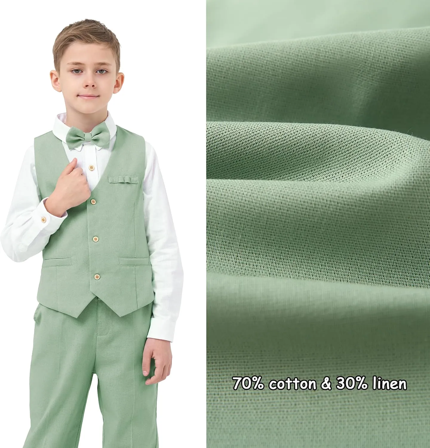 LOLANTA Boys Linen Suit Dress Clothes Kids Graduation Wedding Outfit 4 Piece Shirt Vest Pants Set with Bow Tie