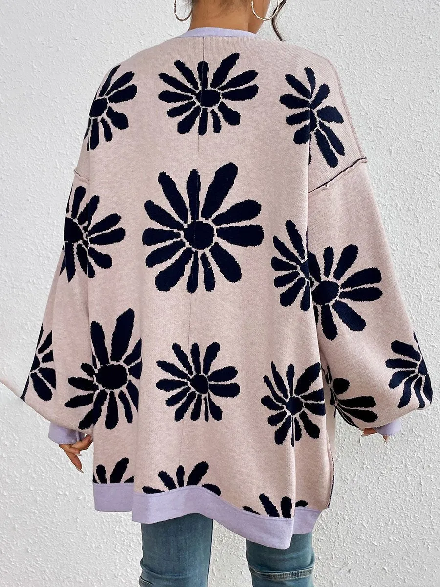 Loose Casual V-Neck Floral Jacquard Knitted Cardigan