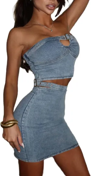 Mandonce Denim Skirt High Waist Pencil Skirt Match Off The Shoulder Sleeveless Cutout Denim Bustier Tops Skirt Sets Sexy