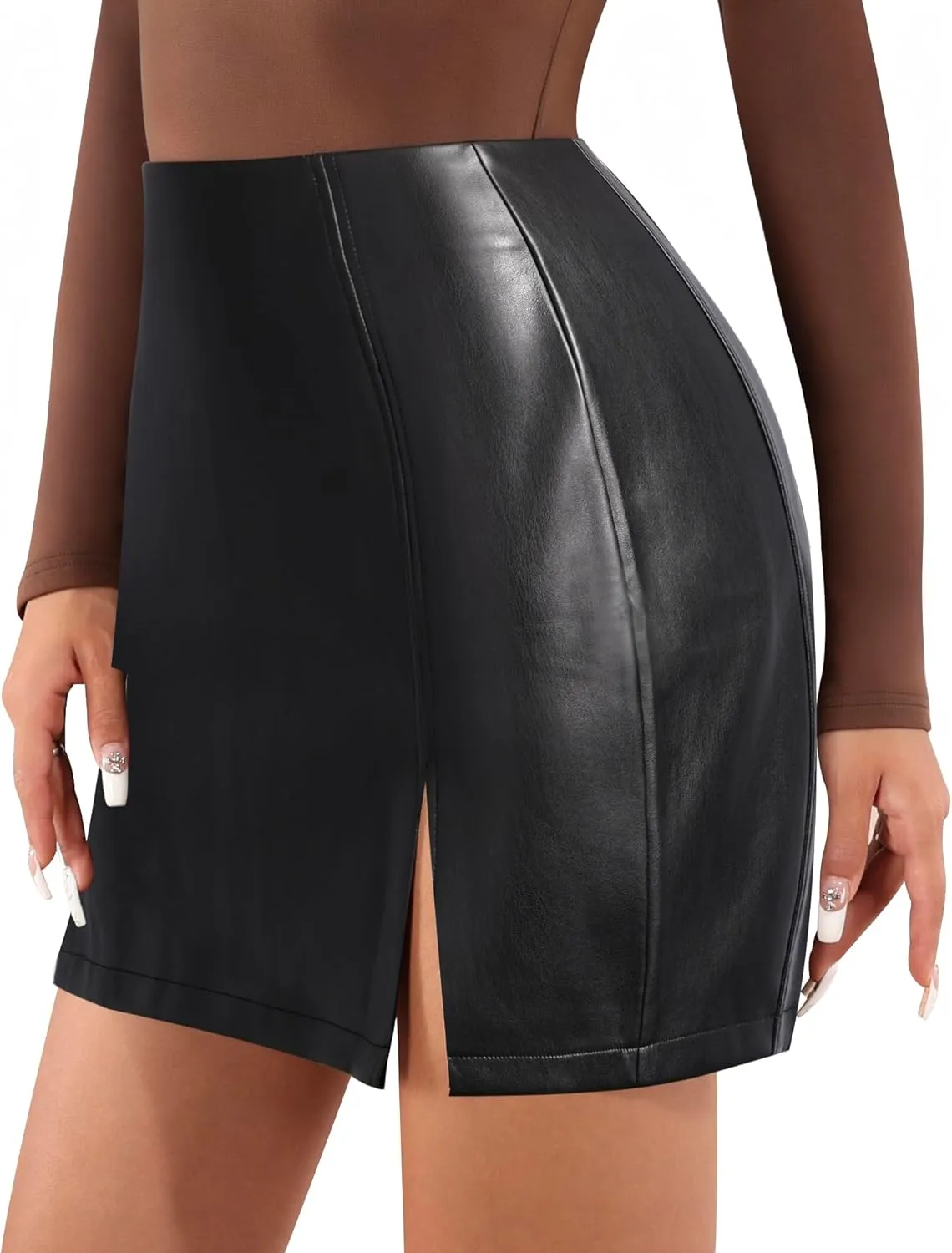 MANGOPOP Womens High Waist Bodycon Mini Short Faux Leather Skirt with Slit