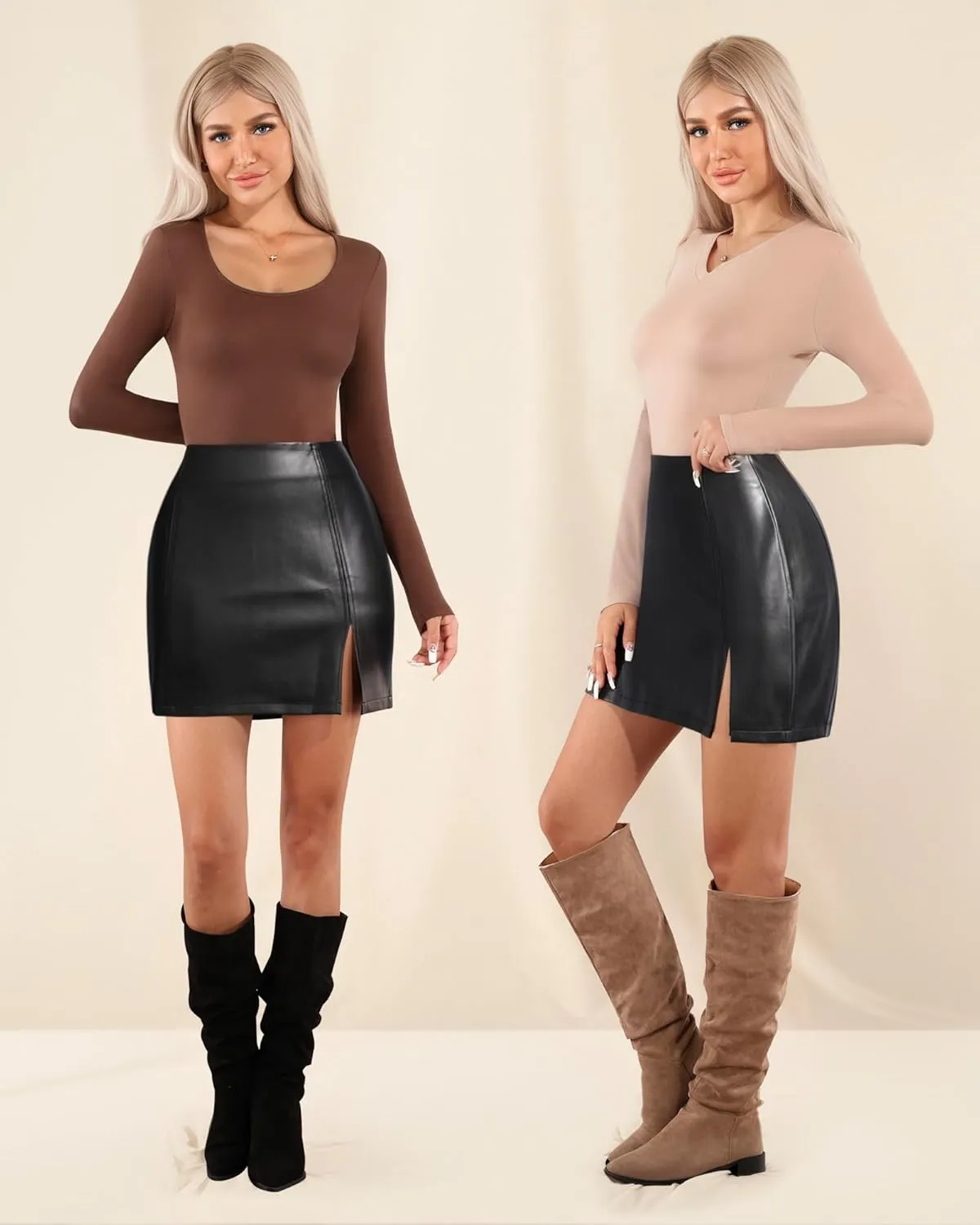 MANGOPOP Womens High Waist Bodycon Mini Short Faux Leather Skirt with Slit