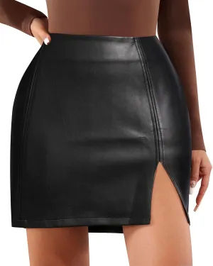 MANGOPOP Womens High Waist Bodycon Mini Short Faux Leather Skirt with Slit