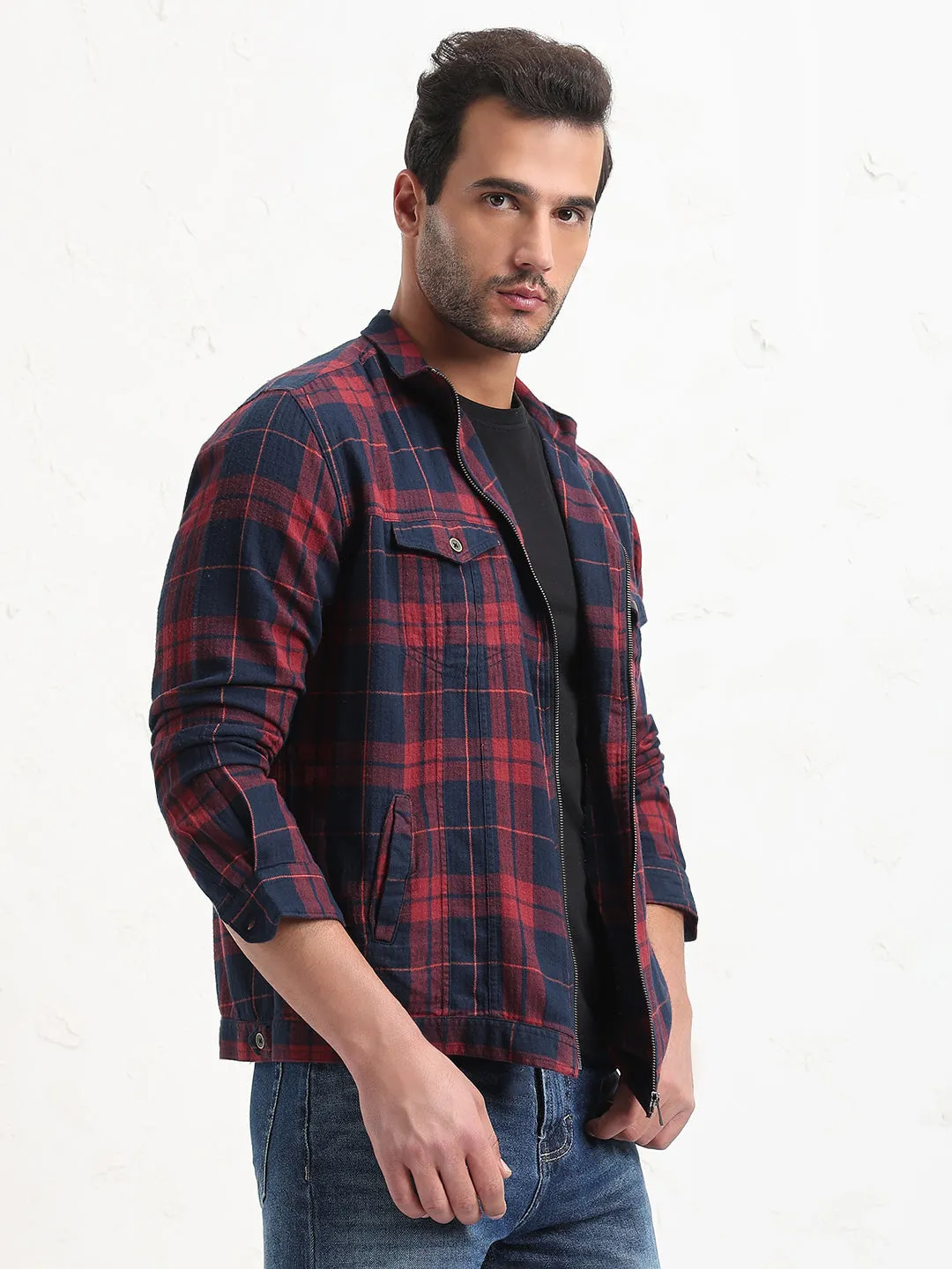 Men Red Checked Slim Fit Shacket