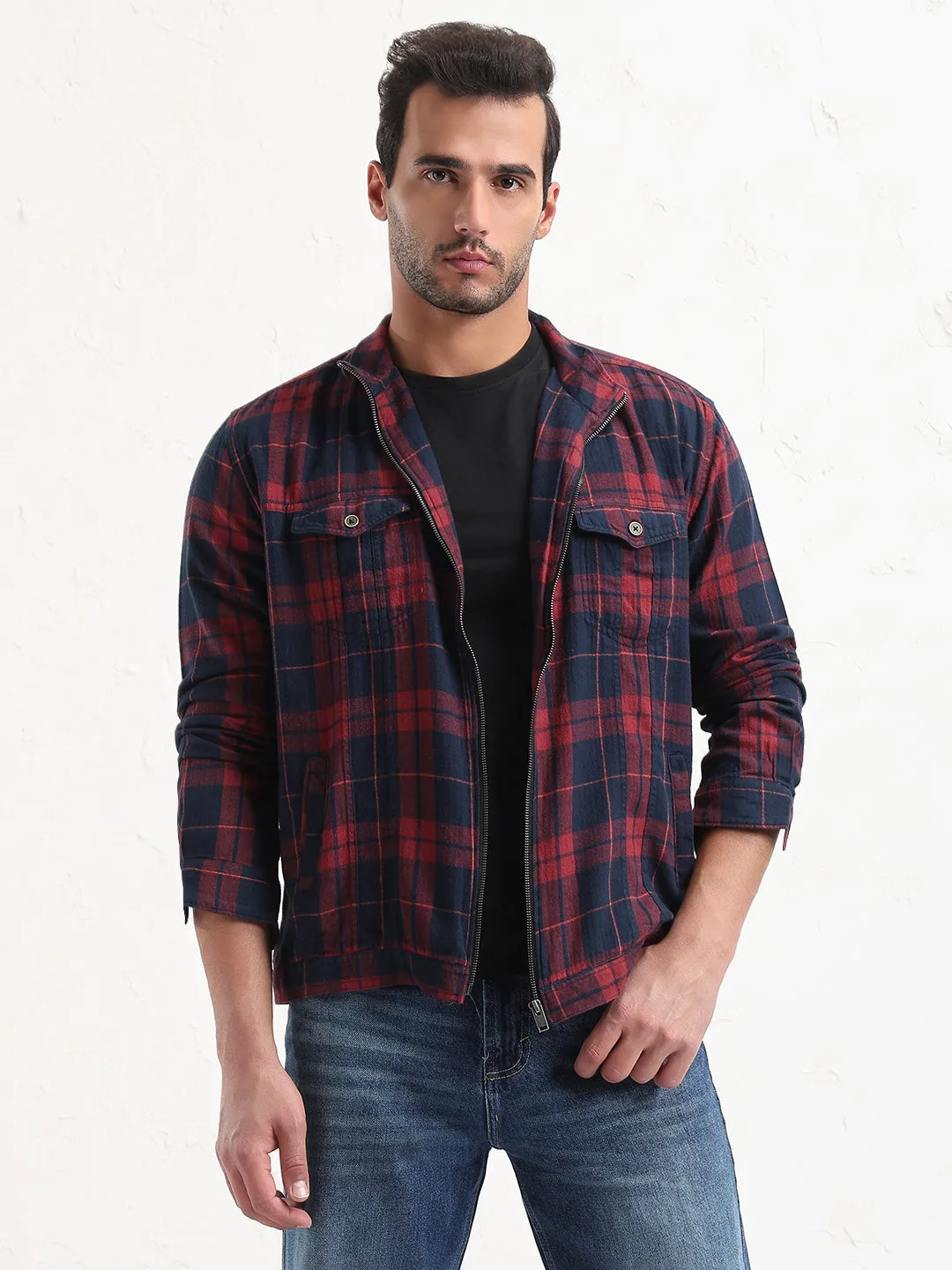 Men Red Checked Slim Fit Shacket