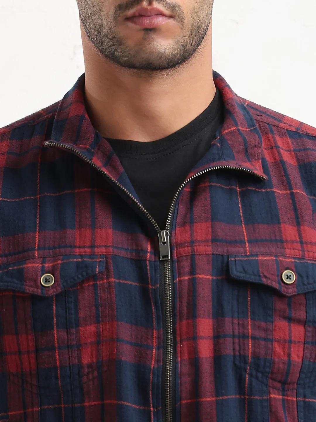Men Red Checked Slim Fit Shacket