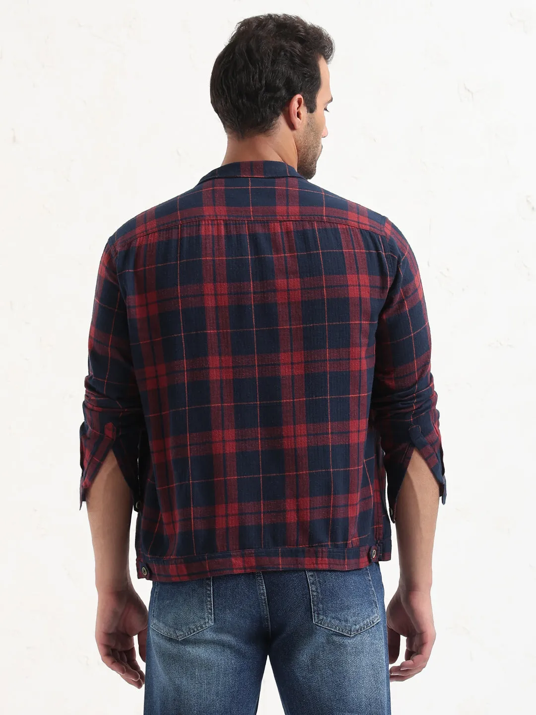 Men Red Checked Slim Fit Shacket