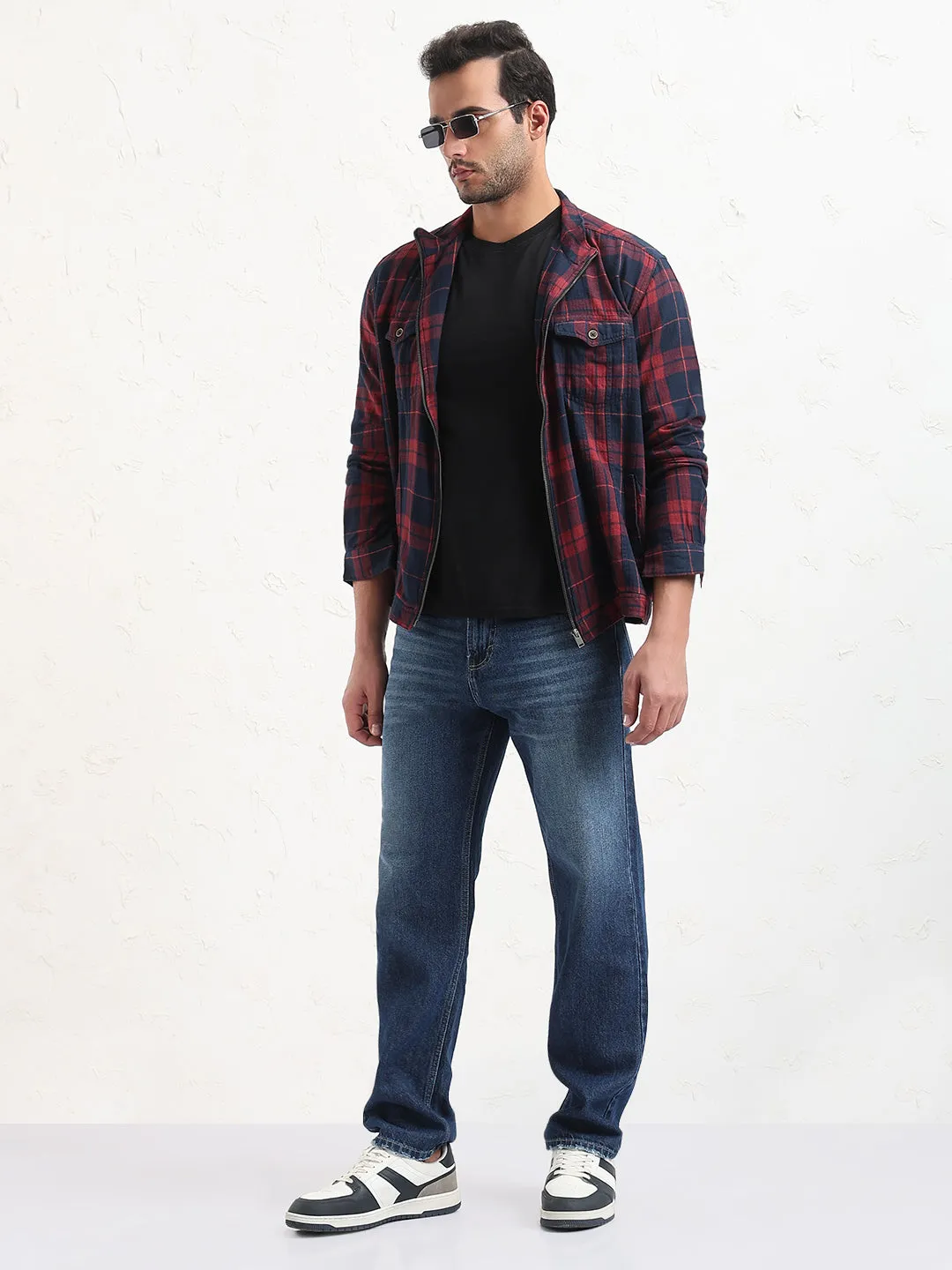 Men Red Checked Slim Fit Shacket