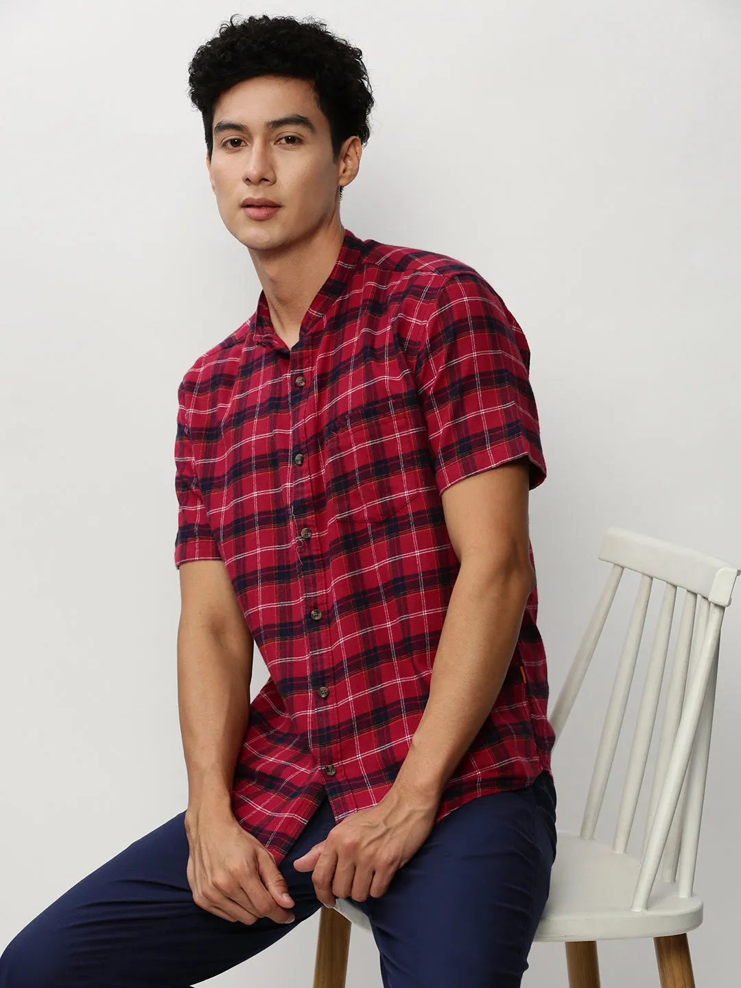 Men Red Standard Tartan Checked Flannel Cotton Slim Fit Casual Shirt