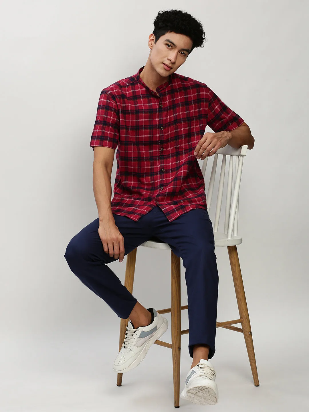Men Red Standard Tartan Checked Flannel Cotton Slim Fit Casual Shirt
