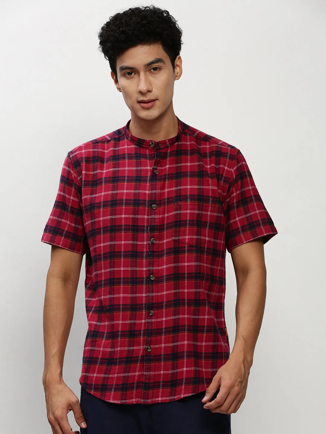 Men Red Standard Tartan Checked Flannel Cotton Slim Fit Casual Shirt