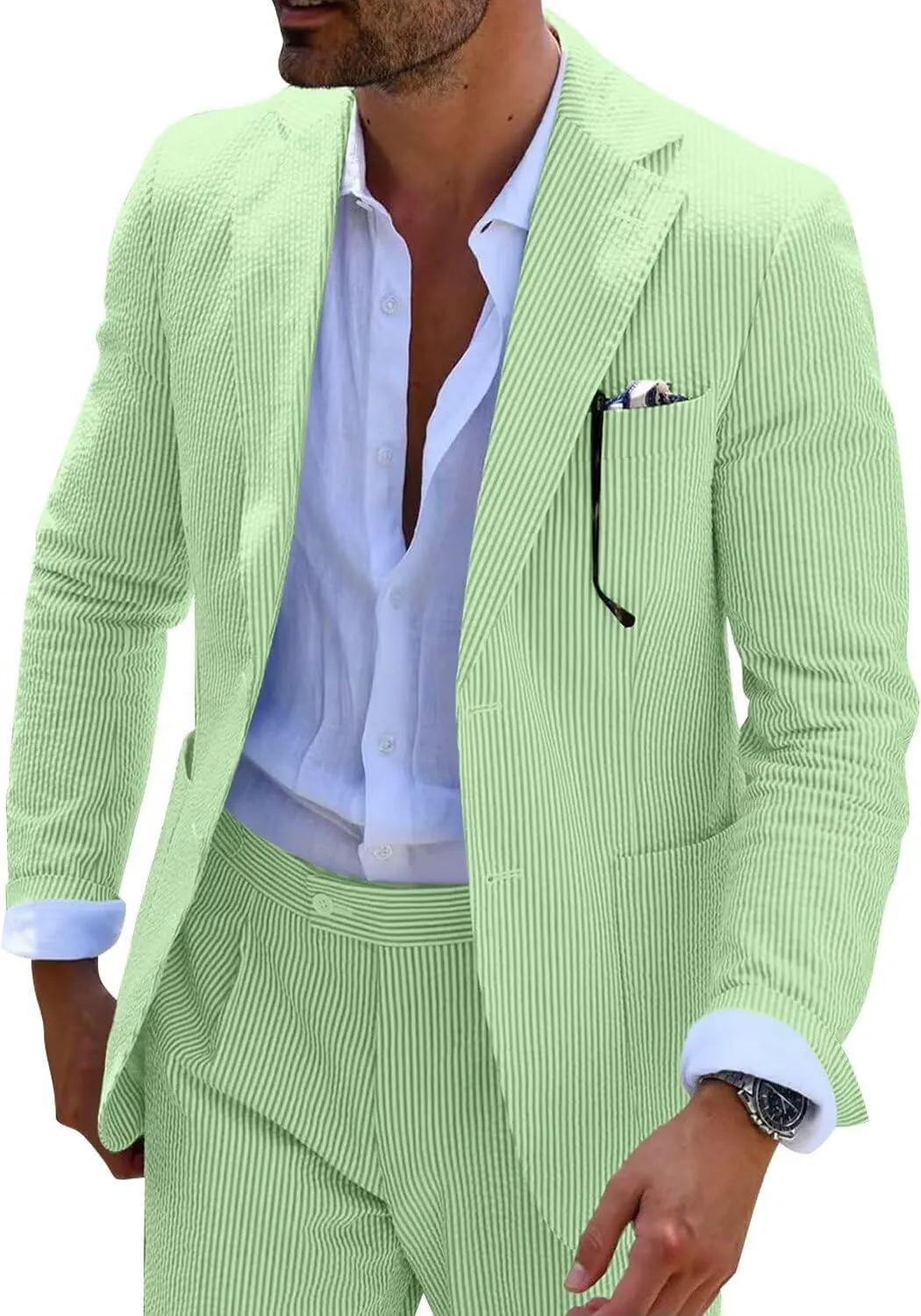 Mens Blue Seersucker Summer Suits Grooms Sear Sucker Suit for Wedding Mens Formal Suits Slim Fit