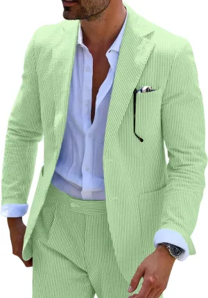 Mens Blue Seersucker Summer Suits Grooms Sear Sucker Suit for Wedding Mens Formal Suits Slim Fit