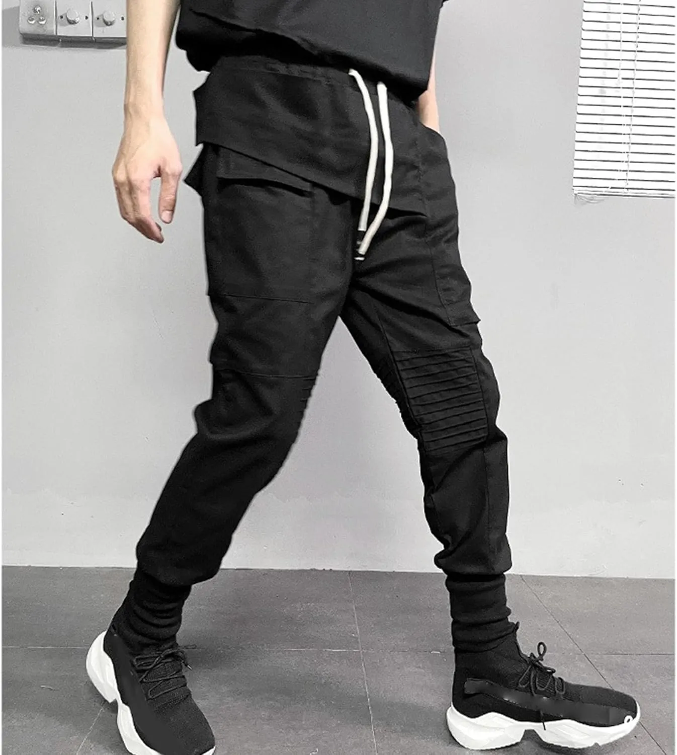 Men's Jogger Pants Punk Cargo Trouser Ankle Casual Harem Pants Hip Hop Tapered Pant Streetwear with Pocket