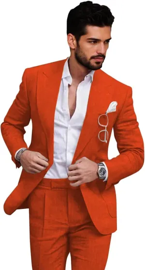 Mens Linen Suits 2 Piece Slim Fit Linen Suit for Men Retro Mens Suits for Beach Wedding Prom Suit Blazer Pants Set
